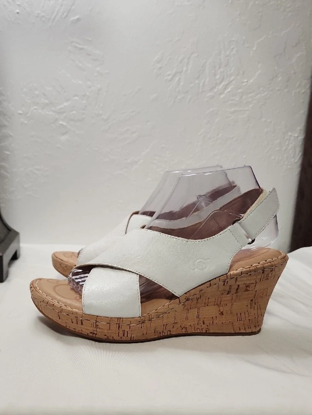 Born White Leather Cork Wedge Sandals with Crisscross Straps